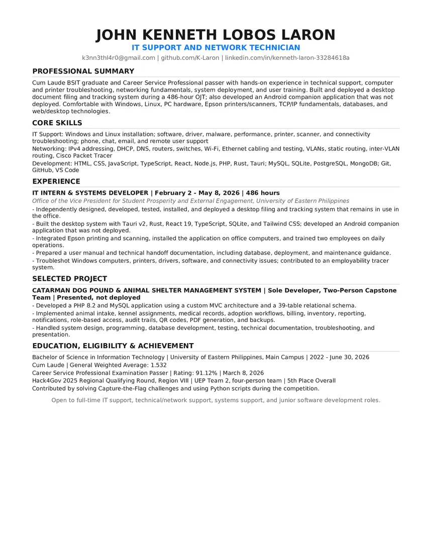 Résumé of John Kenneth Lobos Laron